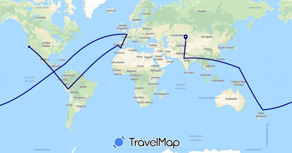 TravelMap itinerary: driving in Spain, France, Gibraltar, India, Jamaica, Kazakhstan, New Zealand, Peru, Portugal, United States (Asia, Europe, North America, Oceania, South America)